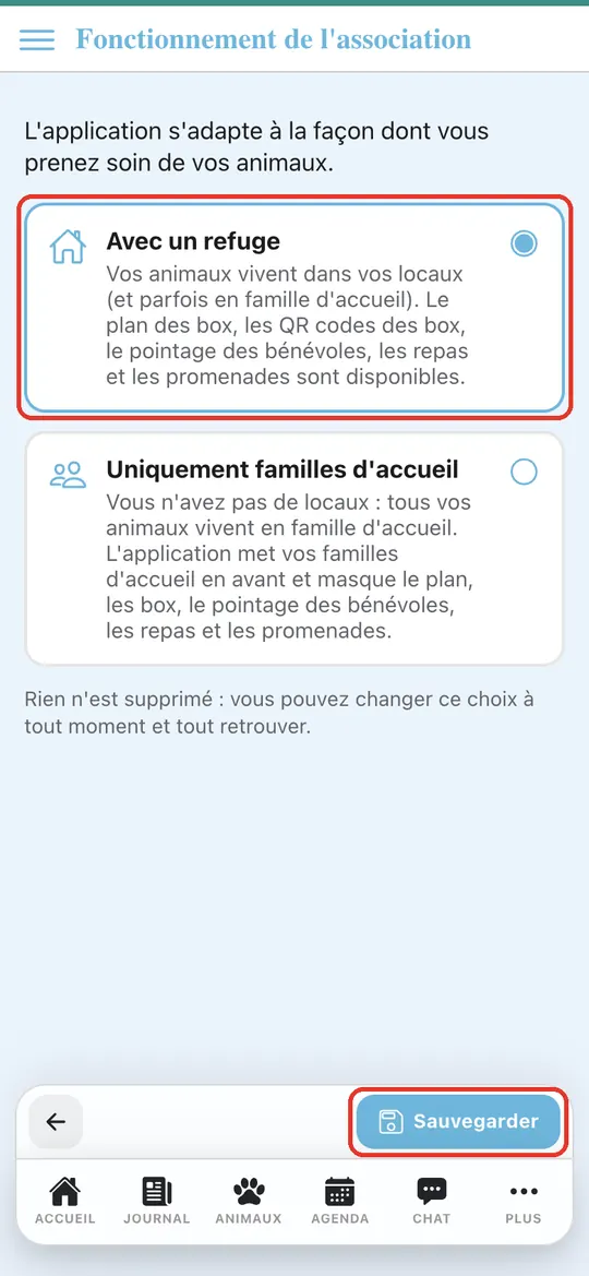 Capture de l'application : Choix « Avec un refuge » coché. Appui sur « Sauvegarder »
