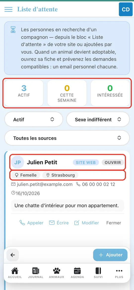 Capture de l'application : Compteurs « Actif », « Cette semaine », « Intéressée » ; première demande et ses critères