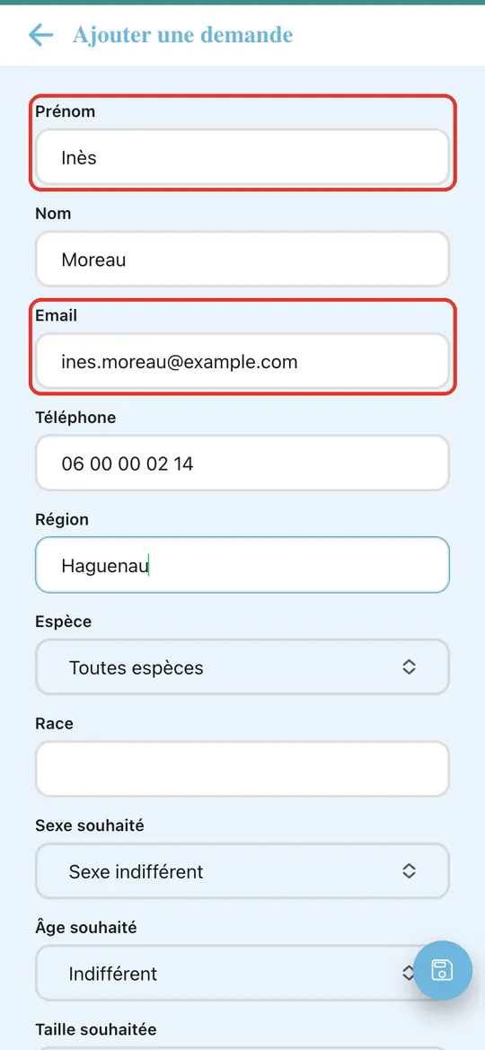 Capture de l'application : Formulaire « Ajouter une demande » : Inès Moreau, email, téléphone, région