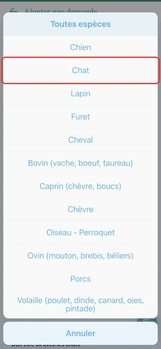 Capture de l'application : Liste des espèces ouverte par le bas : Toutes espèces, Chien, Chat, Lapin…