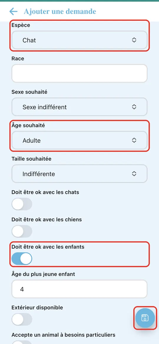 Capture de l'application : Espèce Chat, âge souhaité Adulte, interrupteur enfants activé, âge du plus jeune 4 ans. Appui sur le bouton d'enregistrement