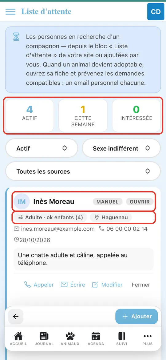 Capture de l'application : Carte d'Inès Moreau en tête : « Adulte · ok enfants (4) », « Manuel »