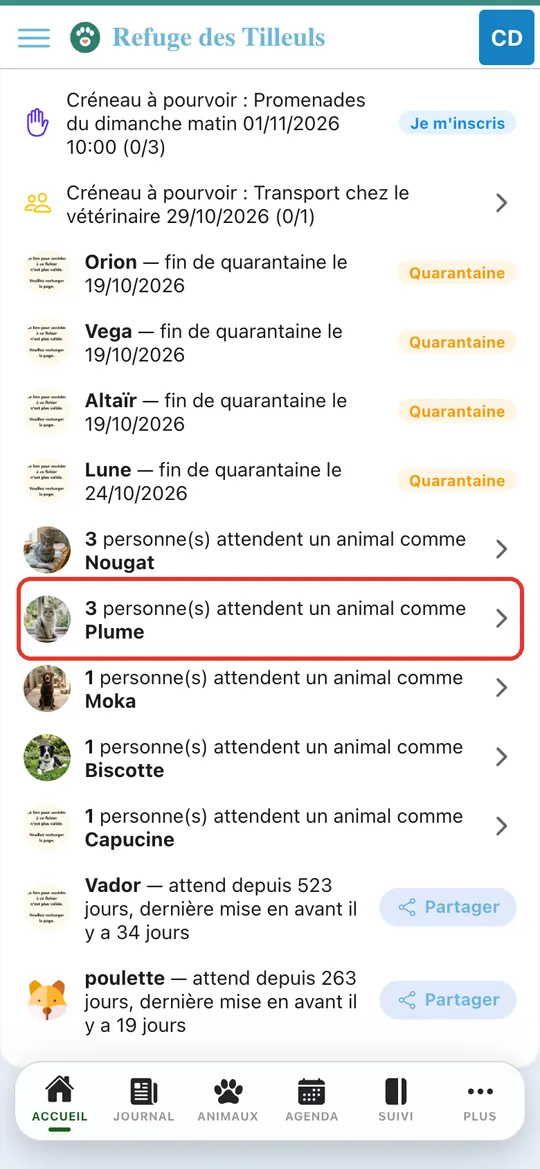 Capture de l'application : Accueil, onglet À traiter : ligne « 3 personne(s) attendent un animal comme Plume »