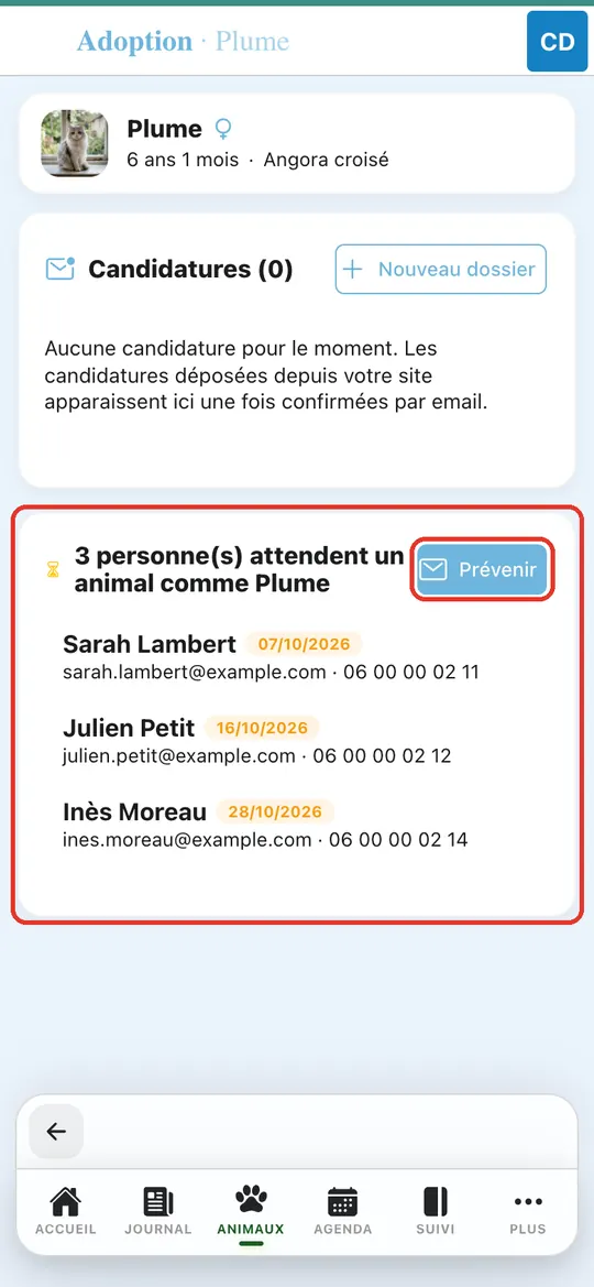 Capture de l'application : Onglet Adoption de Plume : Sarah, Julien, Inès