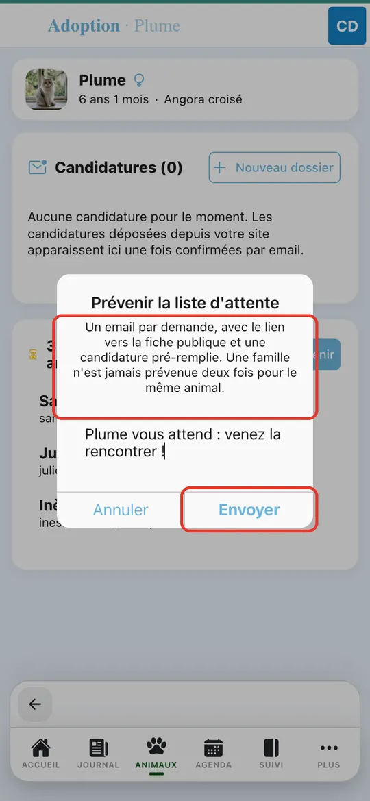 Capture de l'application : Fenêtre « Prévenir la liste d'attente », message saisi