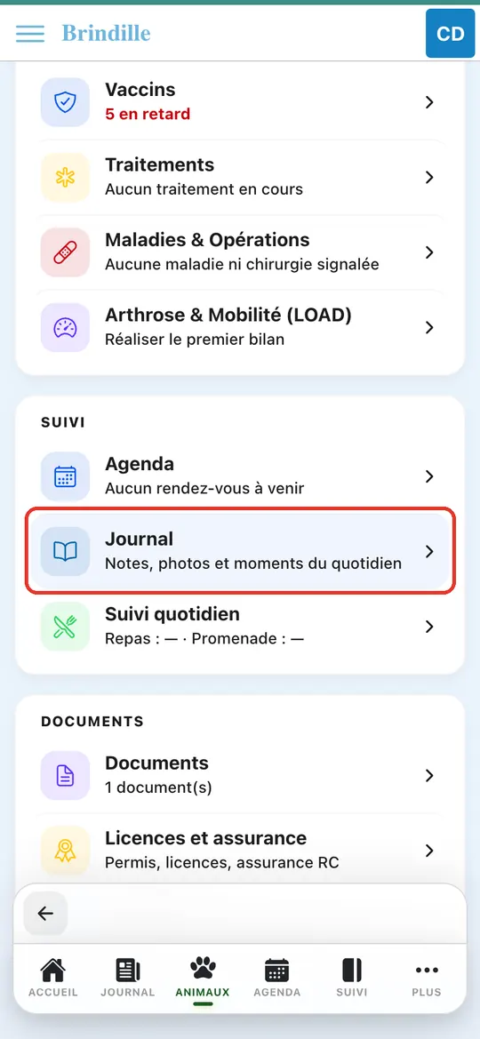 Capture de l'application : Entrée Journal de la fiche