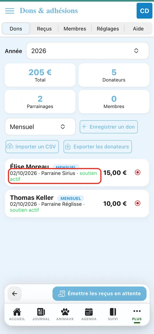 Capture de l'application : Ligne Élise Moreau · Mensuel · Parraine Sirius · soutien actif