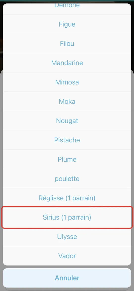 Capture de l'application : Liste des animaux ouverte, Sirius encadré