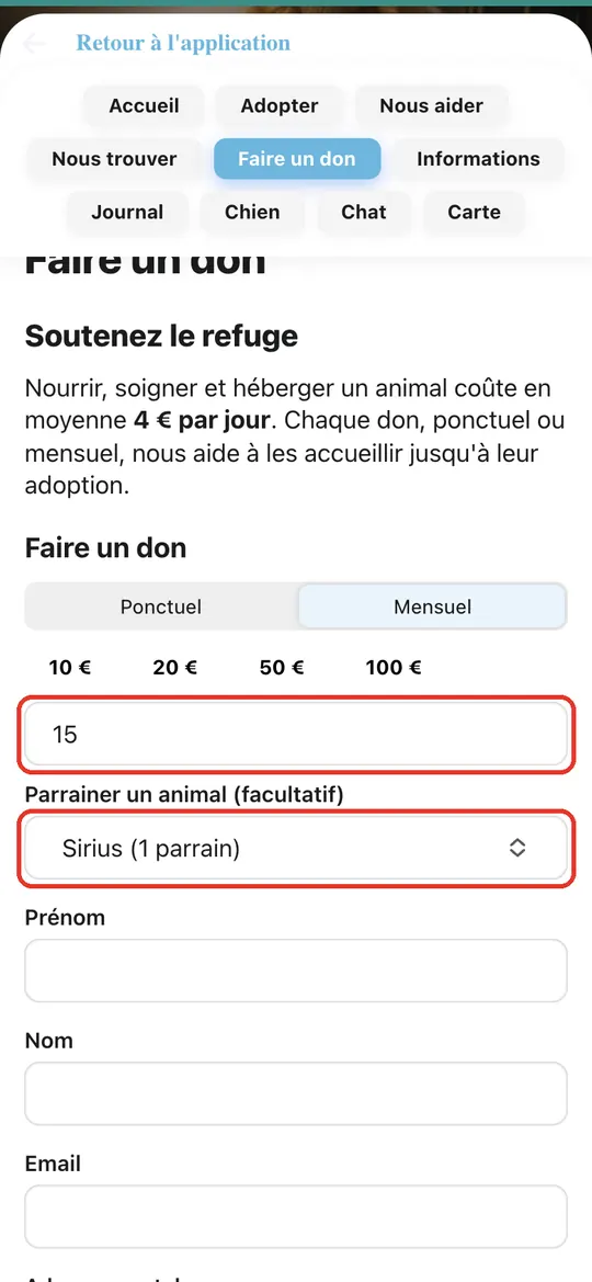 Capture de l'application : Sirius choisi, autre montant : 15