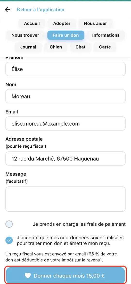 Capture de l'application : Bouton « Donner chaque mois 15,00 € »