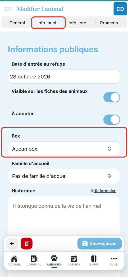 Capture de l'application : Onglet Info. publiques, champ Box sur « Aucun box »