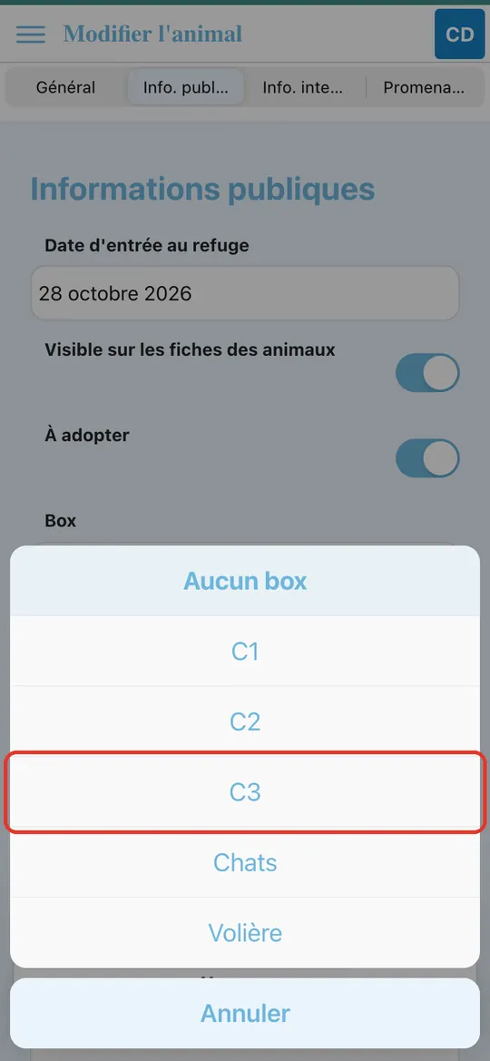 Capture de l'application : Liste ouverte par le bas : Aucun box, C1, C2, C3, Chats, Volière ; appui sur C3