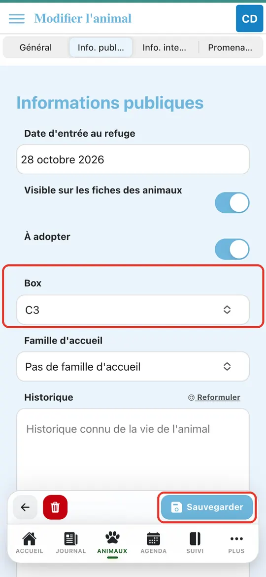 Capture de l'application : Champ Box sur C3, bouton Sauvegarder
