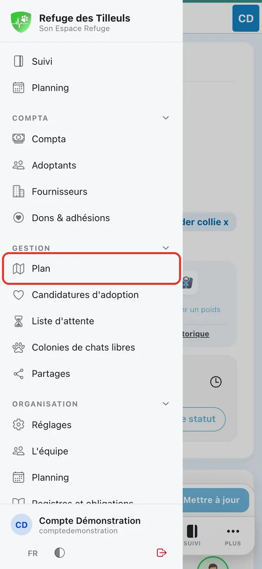 Capture de l'application : Menu latéral, rubrique Gestion, entrée Plan