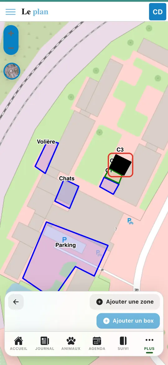 Capture de l'application : Plan du refuge sur la carte, box C3 encadré