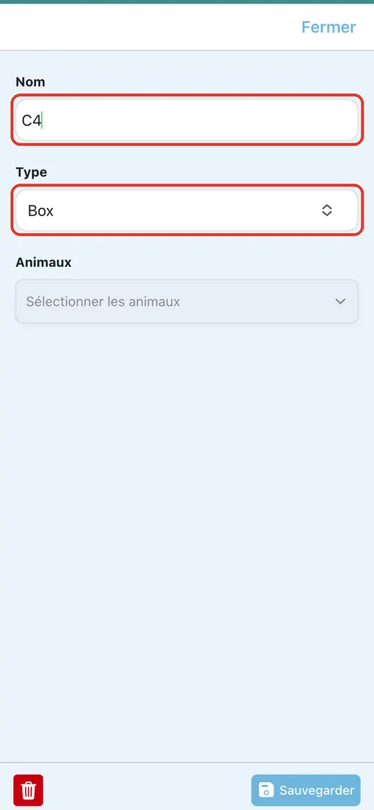 Capture de l'application : Fiche du box : saisie de « C4 », type « Box »
