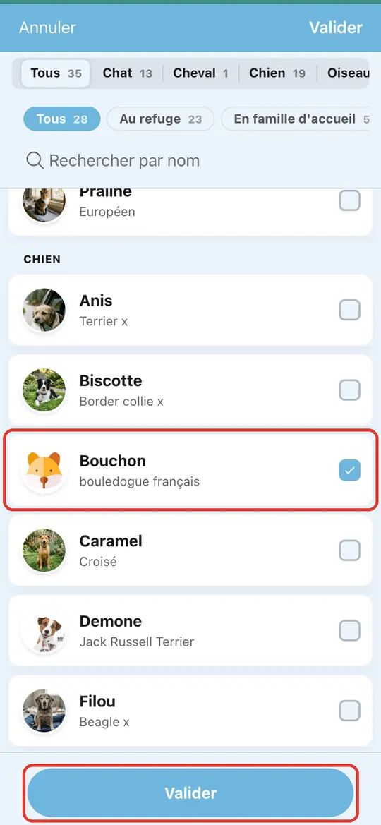Capture de l'application : Liste des animaux : Bouchon coché. Appui sur « Valider »