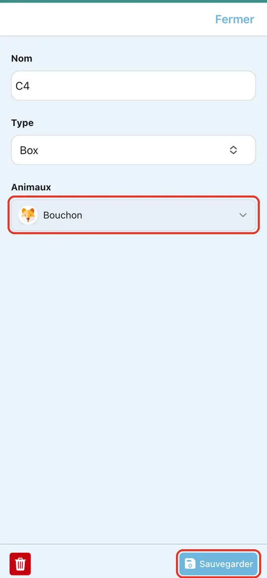 Capture de l'application : Fiche du box avec Bouchon. Appui sur « Sauvegarder »