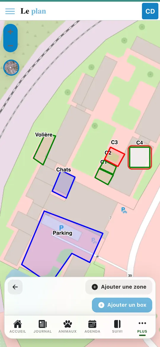 Capture de l'application : Plan : nouveau box C4 bordé de vert (catégorie Vert de Bouchon) à côté de C3