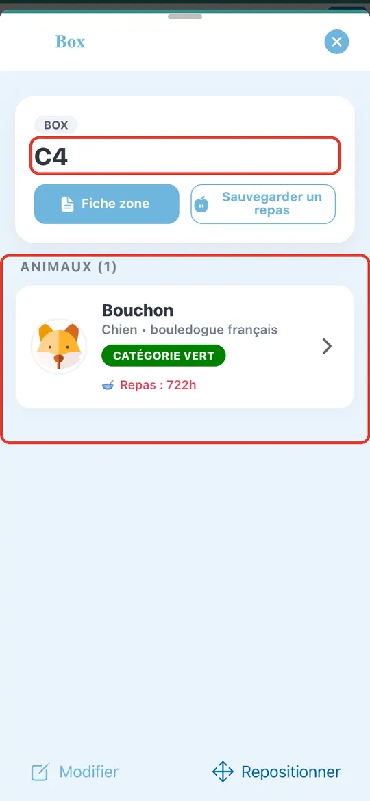 Capture de l'application : Fiche du box C4 : Bouchon, catégorie Vert, dernier repas
