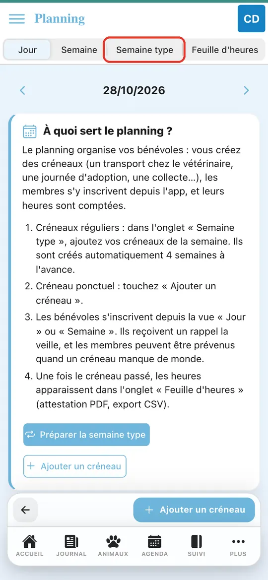 Capture de l'application : Carte « À quoi sert le planning ? ». Appui sur l'onglet « Semaine type »