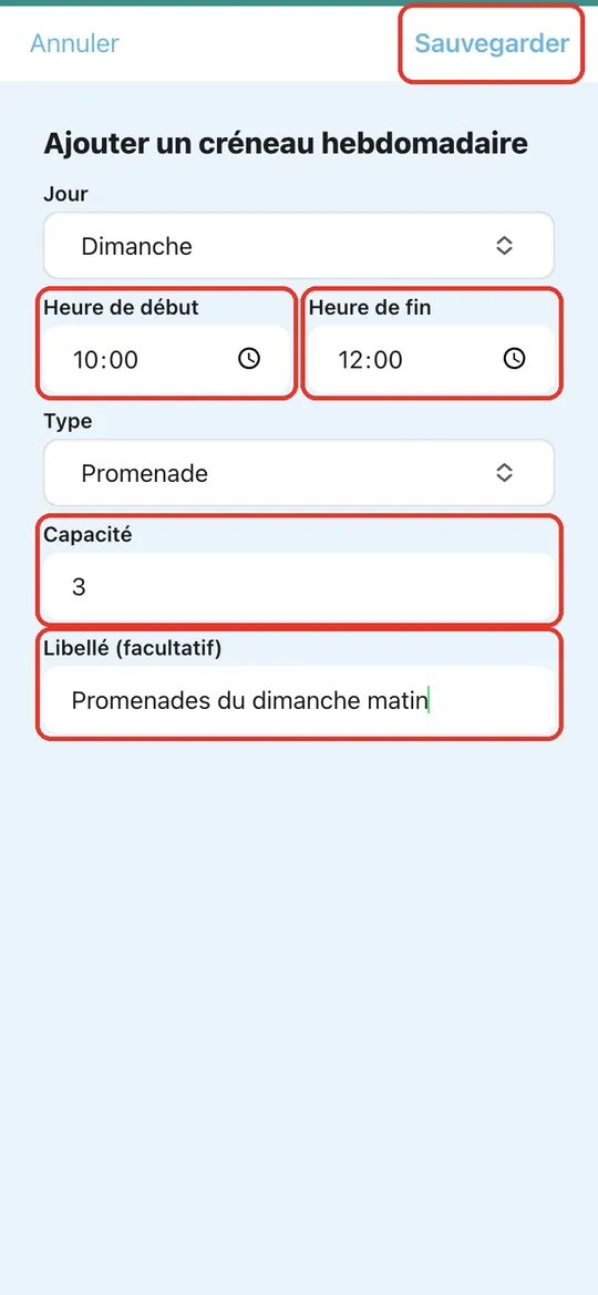 Capture de l'application : Formulaire « Ajouter un créneau hebdomadaire » : 10:00 – 12:00, 3 places, « Promenades du dimanche matin »
