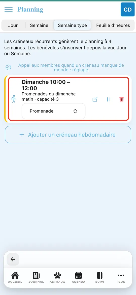 Capture de l'application : Carte « Dimanche 10:00 – 12:00 · Promenades du dimanche matin · capacité 3 »