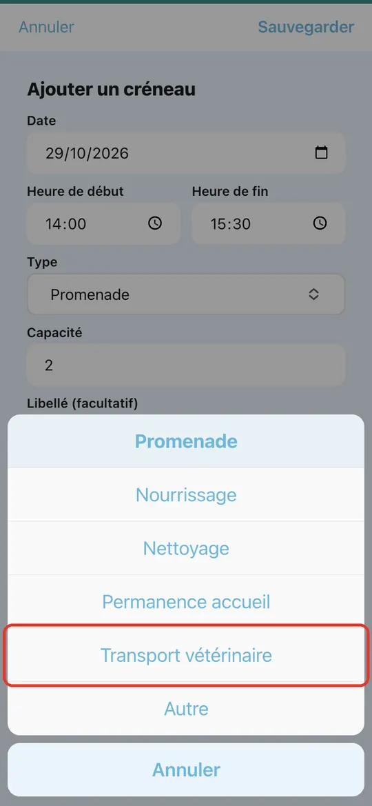 Capture de l'application : Formulaire « Ajouter un créneau », liste des types ouverte par le bas