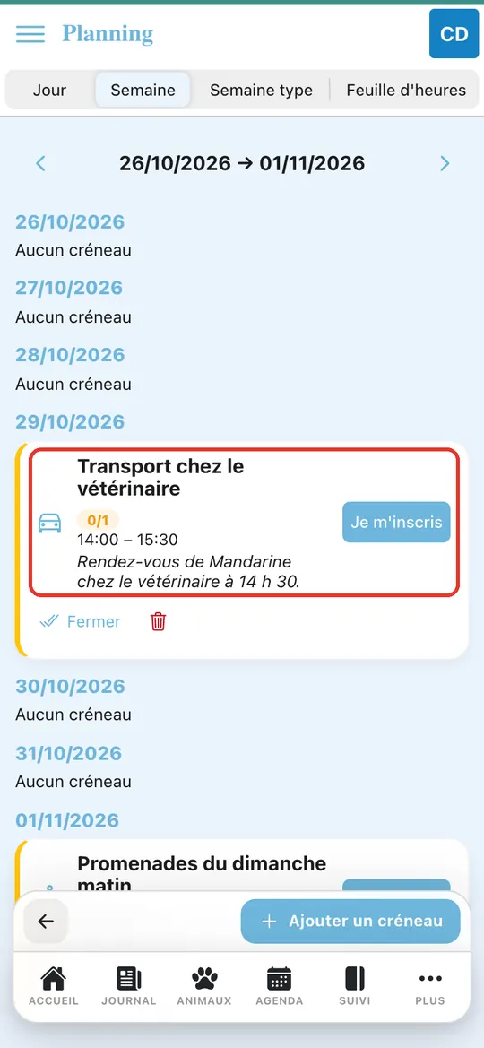 Capture de l'application : Vue « Semaine » : carte « Transport chez le vétérinaire », 0/1, consigne