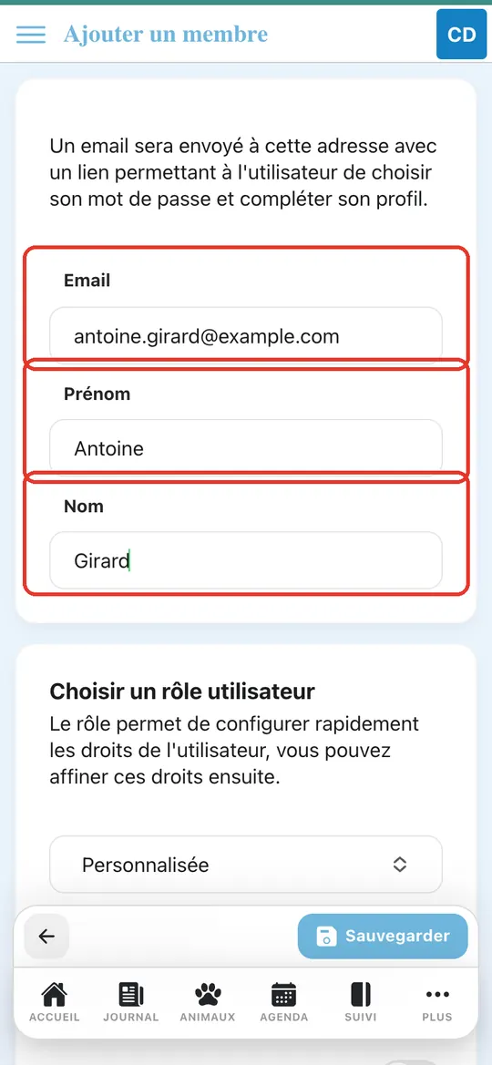 Capture de l'application : Formulaire : antoine.girard@example.com, Antoine, Girard