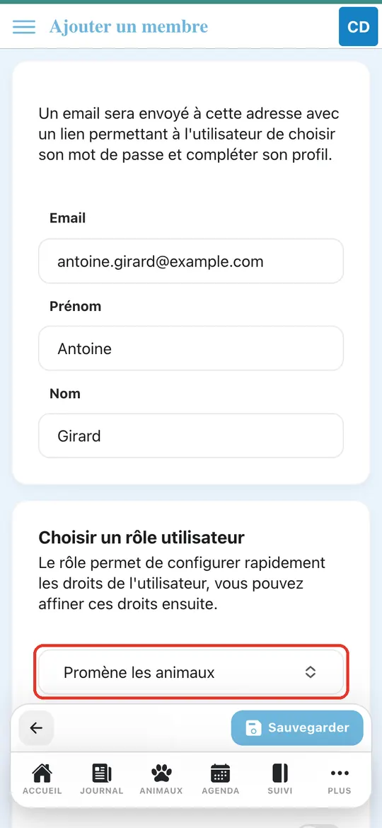 Capture de l'application : Rôle « Promène les animaux » affiché