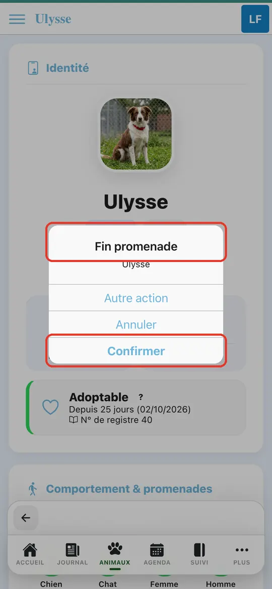 Capture de l'application : Fenêtre « Fin promenade » avec « Confirmer »