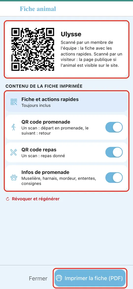 Capture de l'application : Fenêtre « Fiche animal » : QR d'Ulysse, options, bouton « Imprimer la fiche (PDF) »