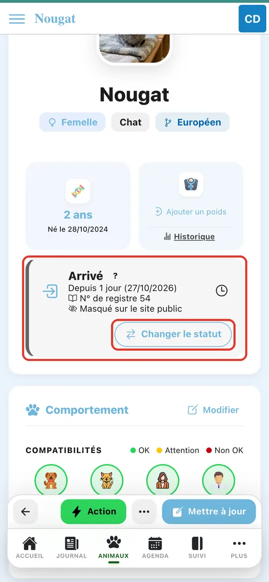 Capture de l'application : Fiche de Nougat, bloc de statut Arrivé, bouton Changer le statut