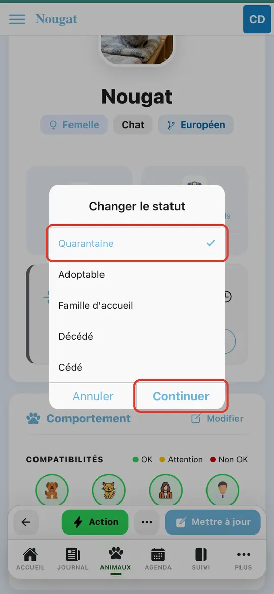 Capture de l'application : Liste des statuts possibles depuis « Arrivé » : Quarantaine, Adoptable, Famille d'accueil (et Décédé, Cédé)
