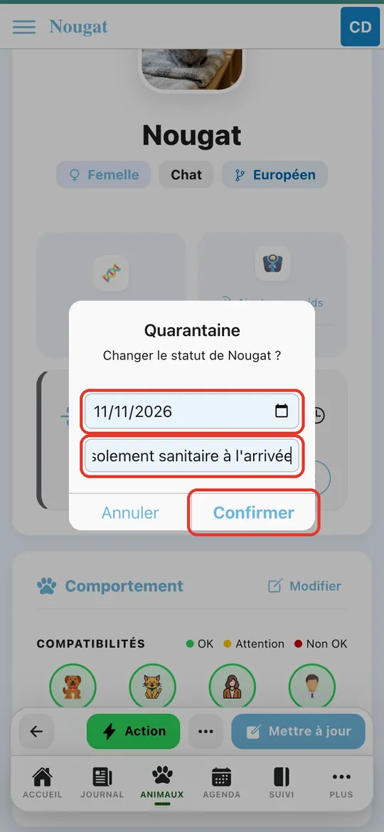 Capture de l'application : Date de fin proposée, note « Isolement sanitaire à l'arrivée », bouton Confirmer
