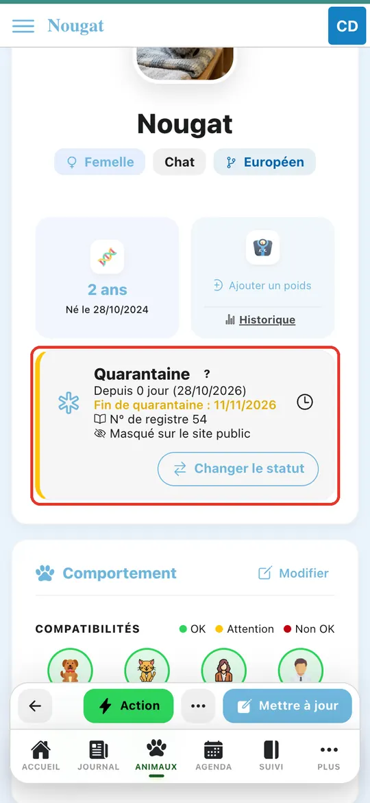 Capture de l'application : Bloc de statut Quarantaine avec « Fin de quarantaine »