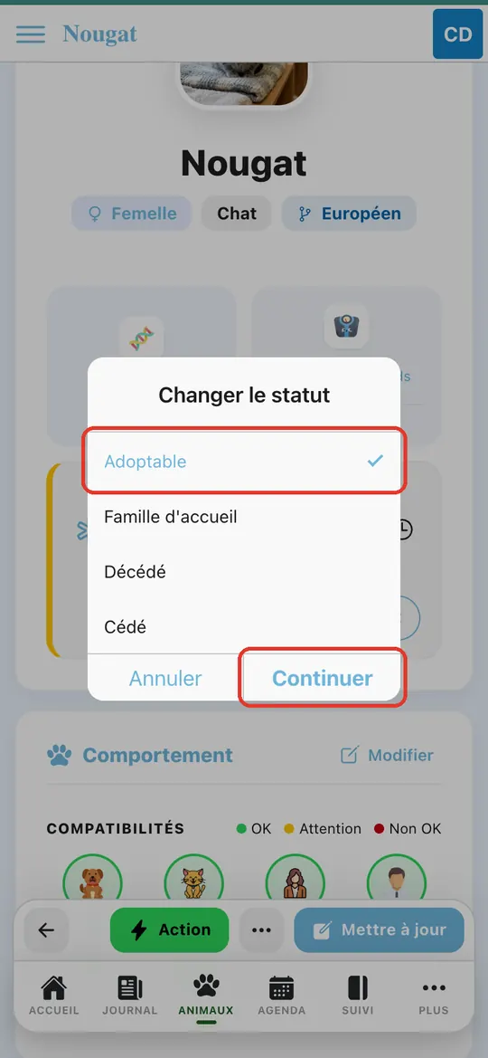 Capture de l'application : Liste des statuts : Adoptable sélectionné, bouton Continuer