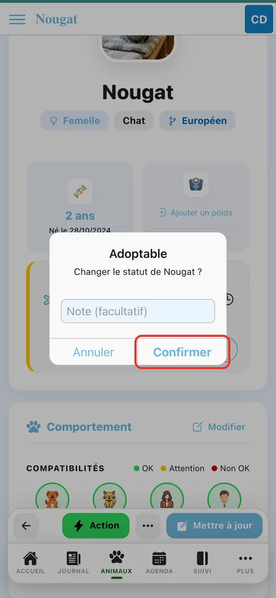 Capture de l'application : Confirmation du changement de statut