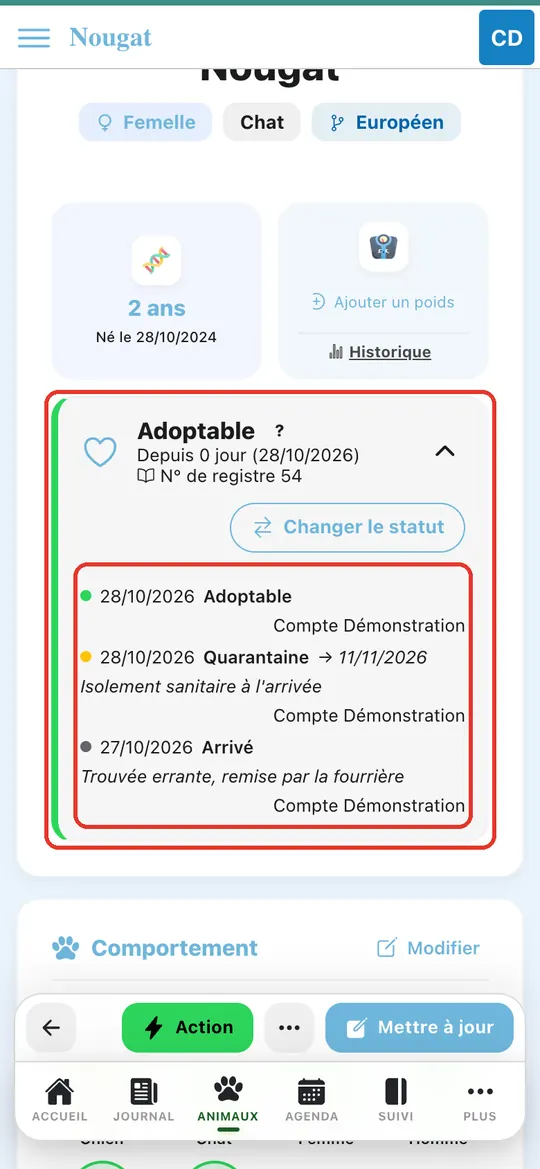 Capture de l'application : Bloc de statut Adoptable, historique déplié : Arrivé, Quarantaine, Adoptable