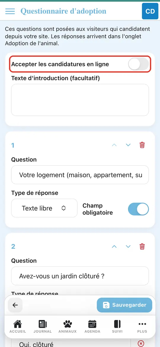 Capture de l'application : Questionnaire d'adoption, interrupteur « Accepter les candidatures en ligne » sur arrêt