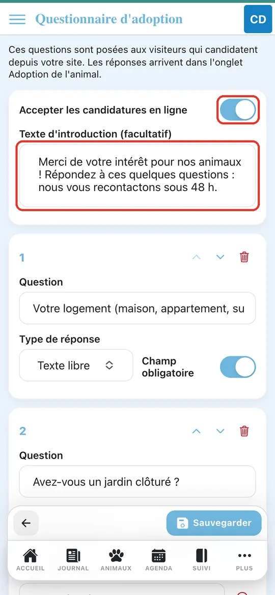 Capture de l'application : Interrupteur au vert, saisie du texte d'introduction