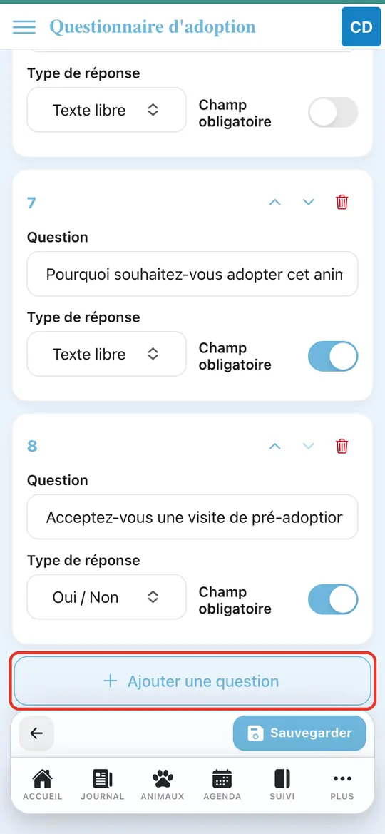 Capture de l'application : Bas du questionnaire, appui sur « Ajouter une question »