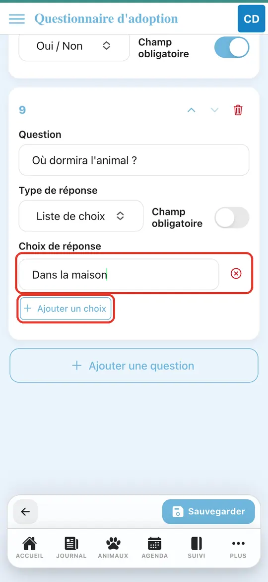 Capture de l'application : Premier choix « Dans la maison » saisi, bouton « Ajouter un choix »