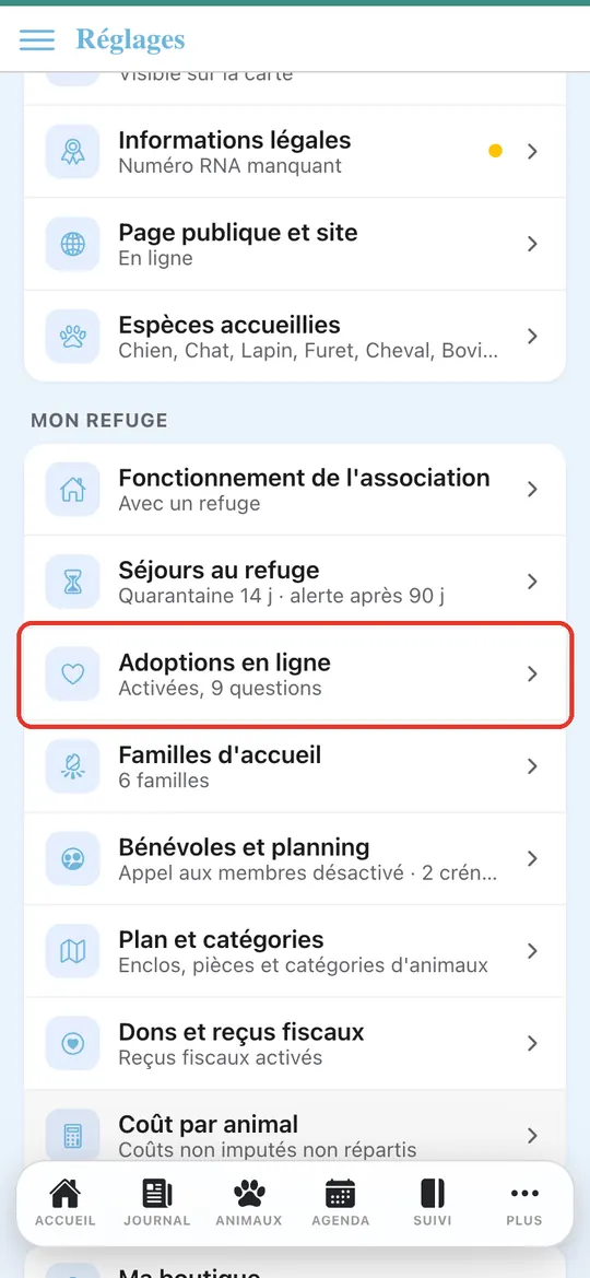 Capture de l'application : Réglages : « Adoptions en ligne — Activées, 9 questions »