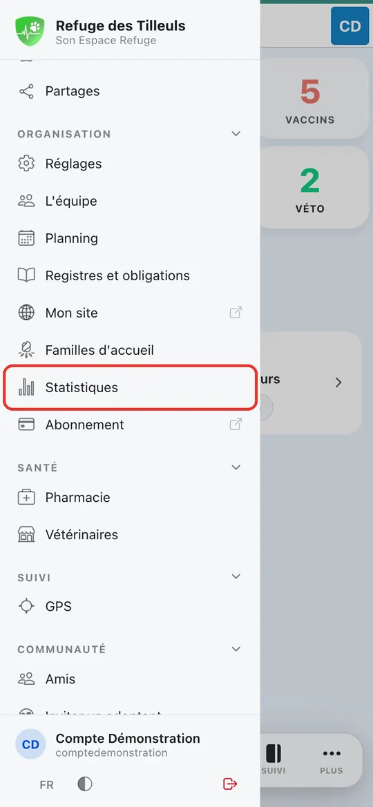 Capture de l'application : Menu latéral, rubrique Organisation, entrée Statistiques