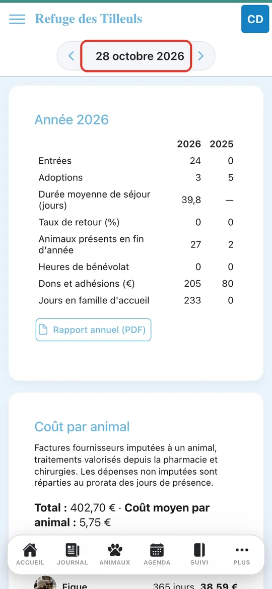 Capture de l'application : Bouton de date « 28 octobre 2026 » encadré, carte Année 2026 dessous