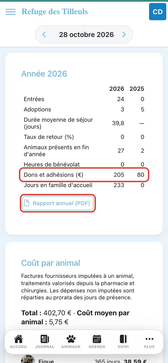 Capture de l'application : Ligne Dons et adhésions (€) et bouton Rapport annuel (PDF) encadrés