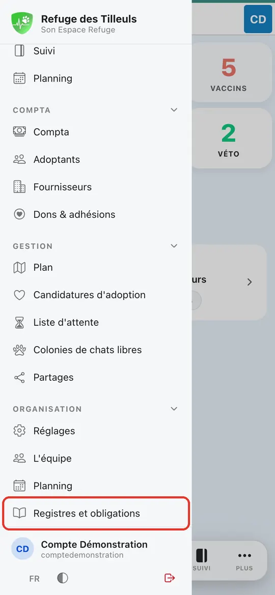 Capture de l'application : Menu latéral, rubrique Organisation