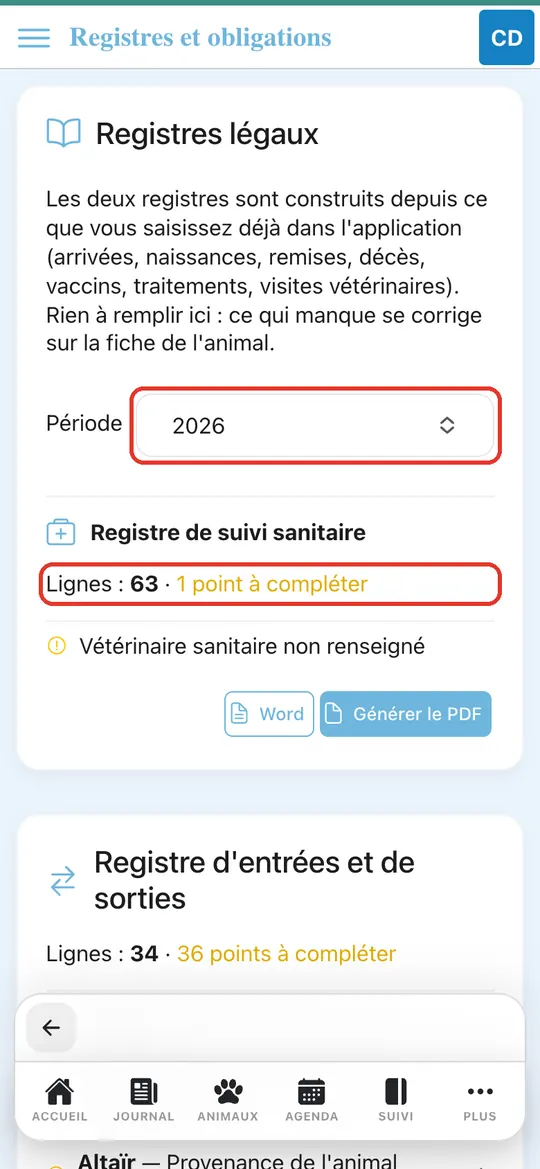 Capture de l'application : Carte Registres légaux : période 2026, registre de suivi sanitaire, lignes et points à compléter